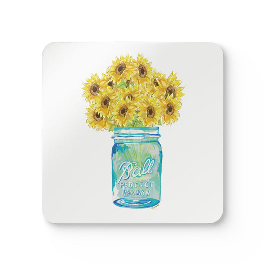 Sunflower Mason Jar Corkwood Coaster Set - Blue Cava