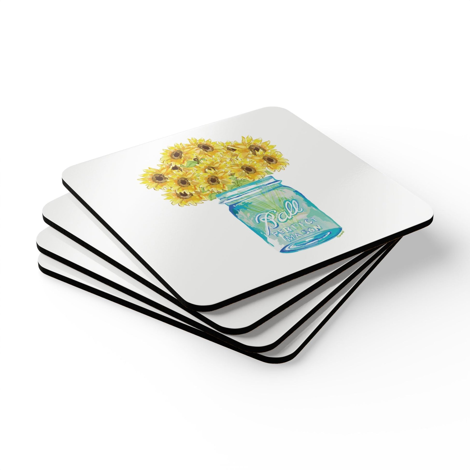 Sunflower Mason Jar Corkwood Coaster Set - Blue Cava