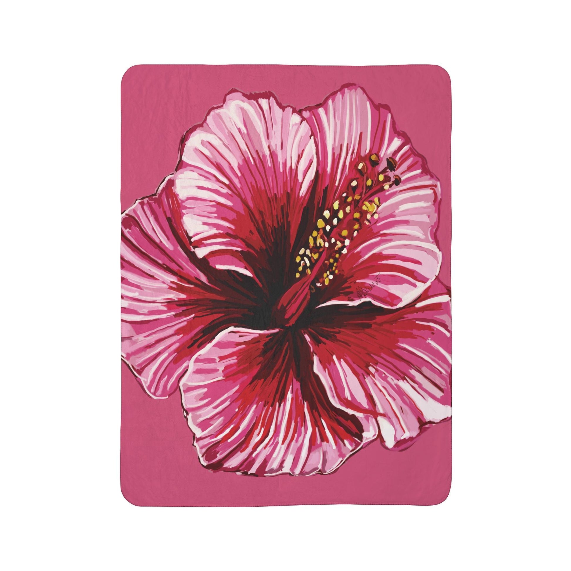 Tropical Floral Hibiscus Fleece Sherpa Blanket - Blue Cava