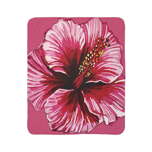Tropical Floral Hibiscus Fleece Sherpa Blanket - Blue Cava
