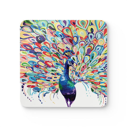 Vibrant Peacock Cork Coaster Set - Colorful Drink Coasters for Home Decor - Blue Cava
