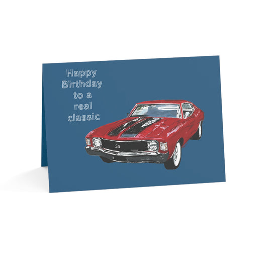 Vintage Car Birthday Greeting Cards - Classic Car Design, Perfect for Car Enthusiasts, Milestone Birthdays, Collectibles, Gift Tags - Blue Cava