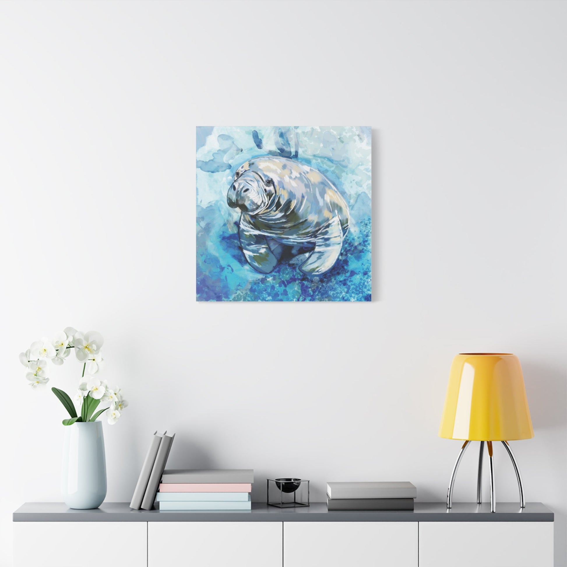 Watercolor Manatee Canvas Art - Beach House Decor - Blue Cava