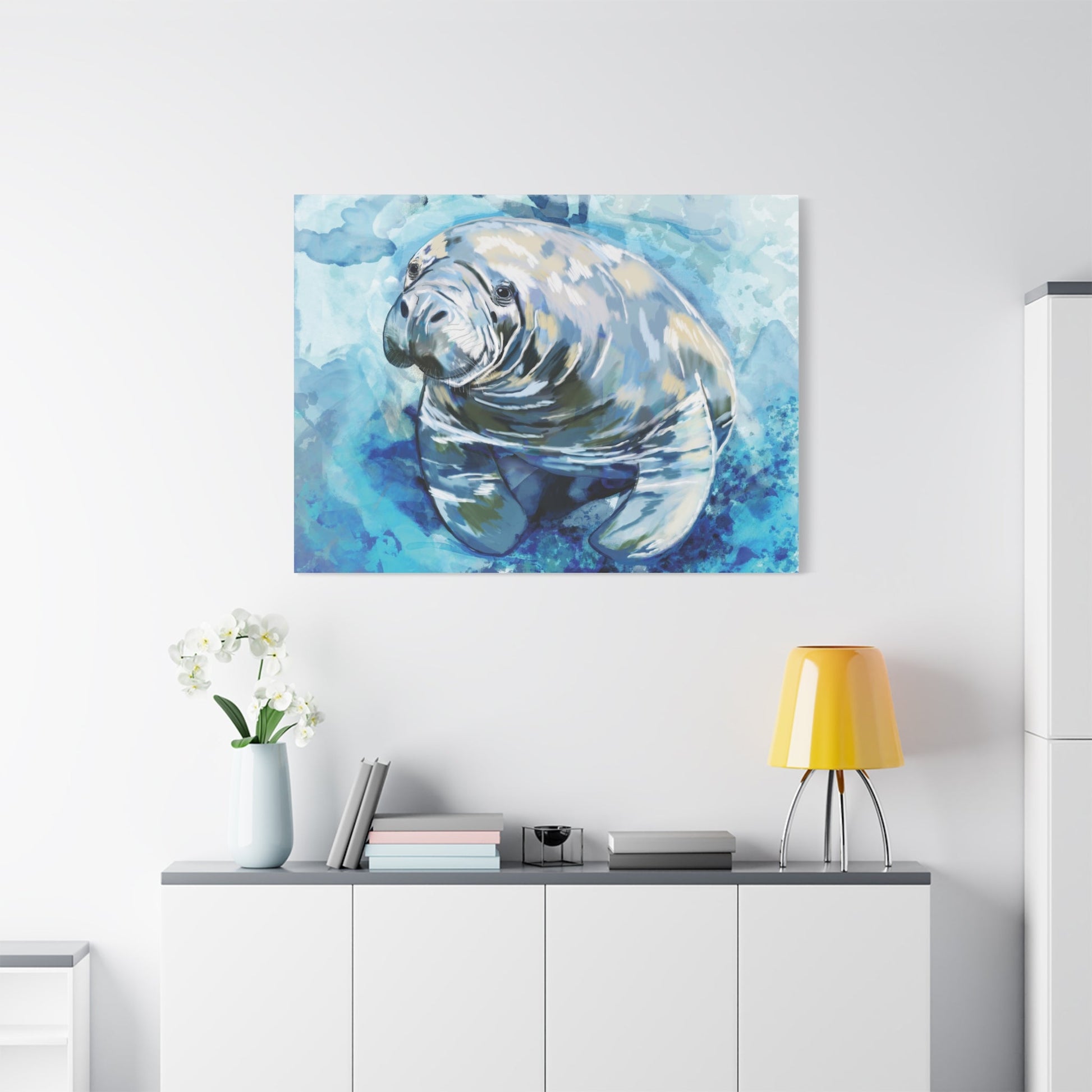 Watercolor Manatee Canvas Art - Beach House Decor - Blue Cava