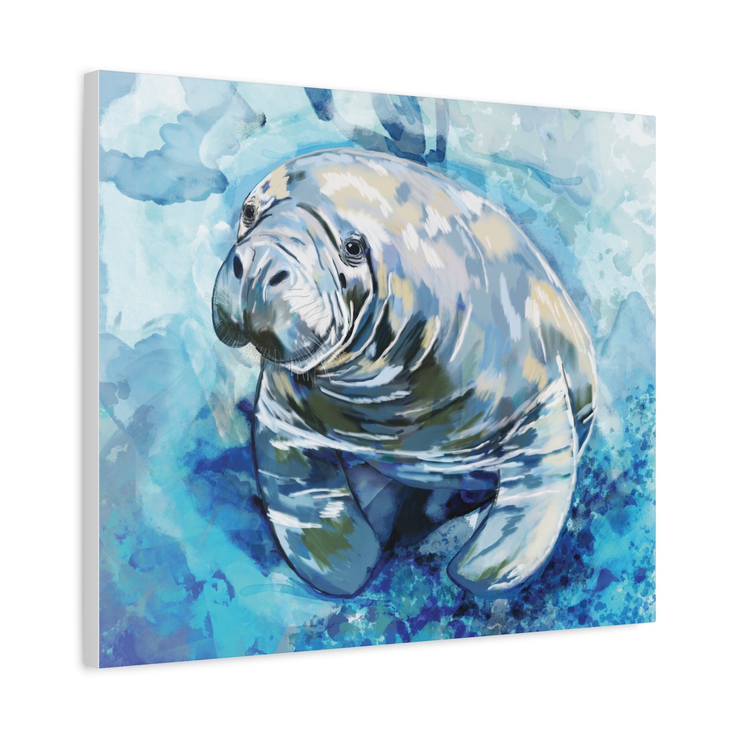 Watercolor Manatee Canvas Art - Beach House Decor - Blue Cava