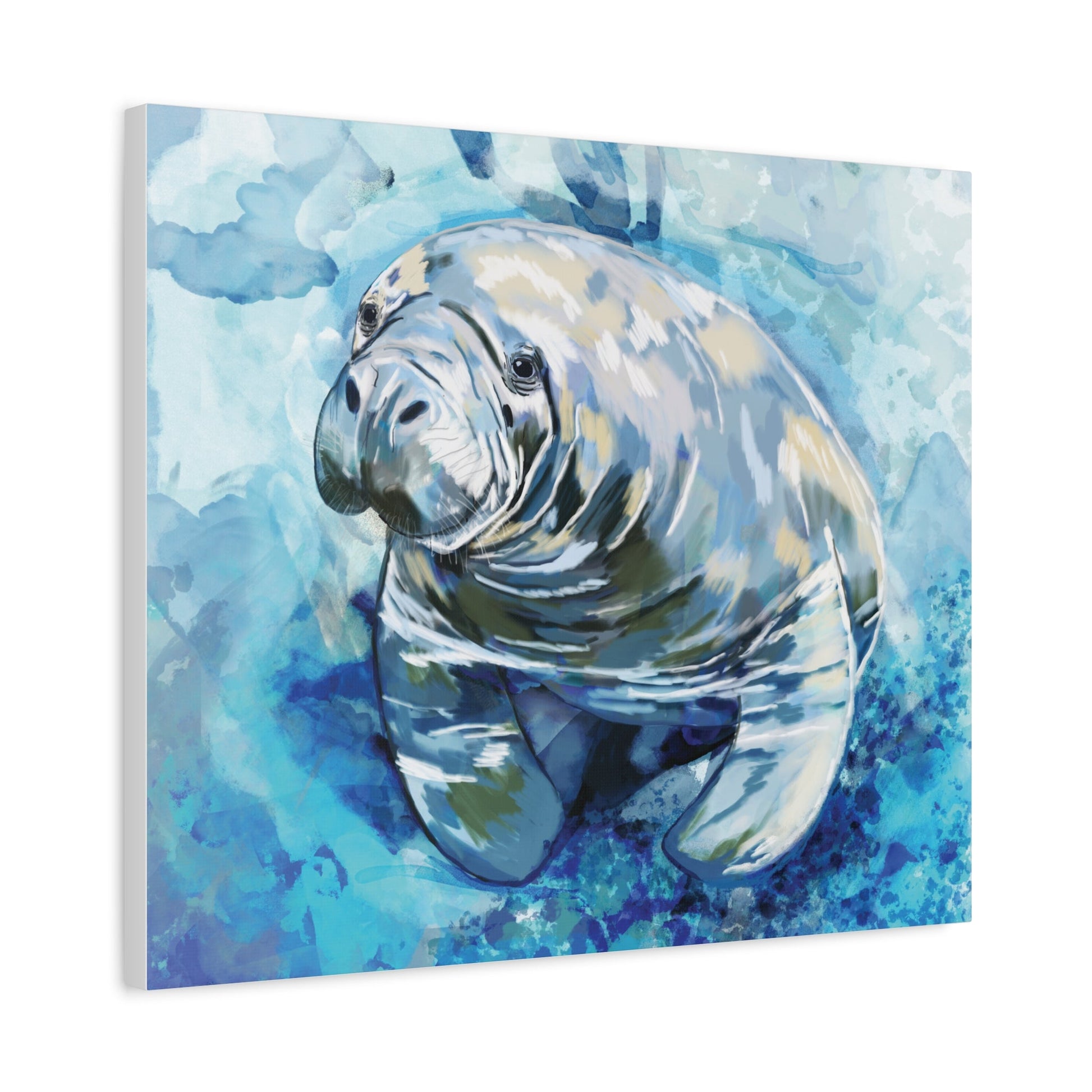 Watercolor Manatee Canvas Art - Beach House Decor - Blue Cava