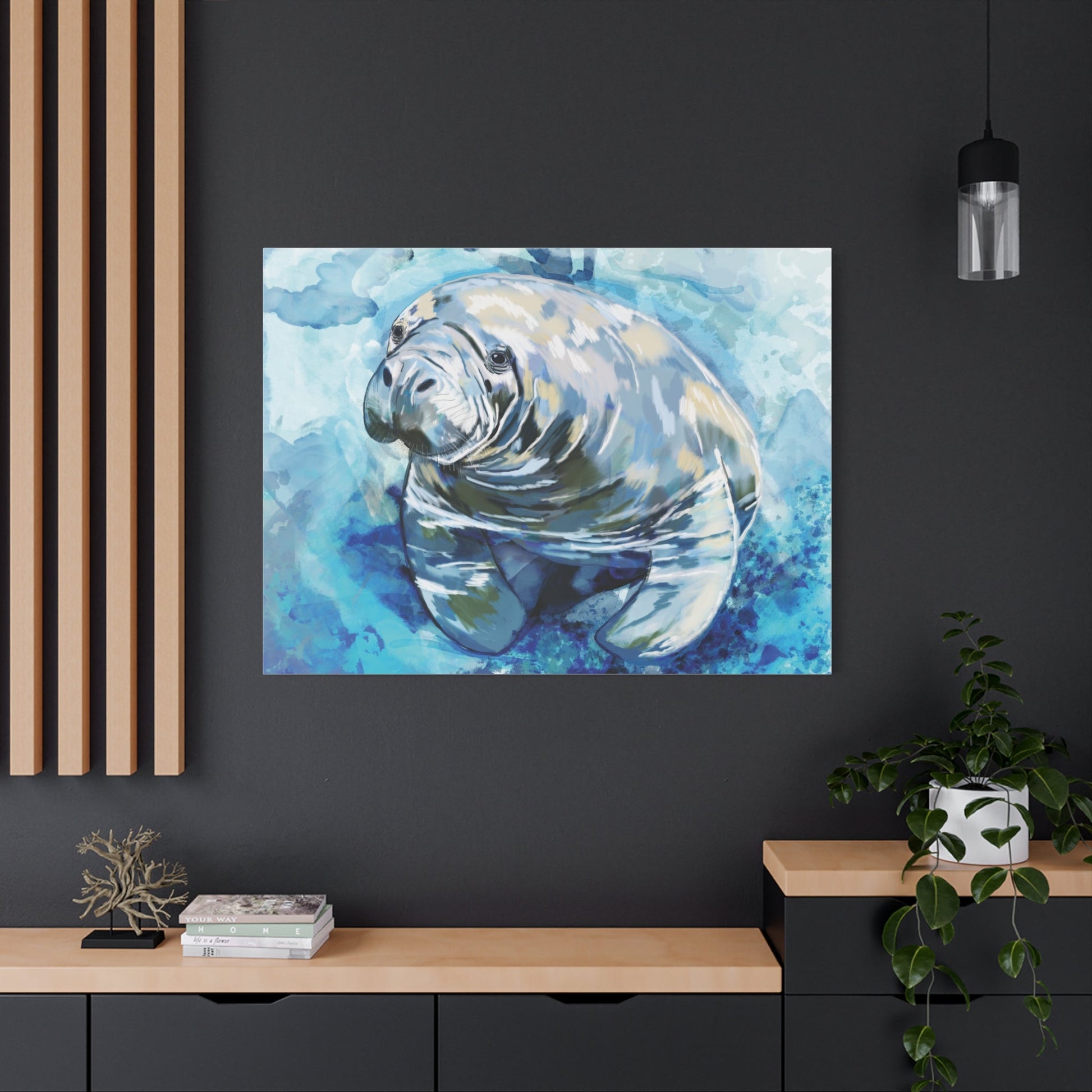 Watercolor Manatee Canvas Art - Beach House Decor - Blue Cava