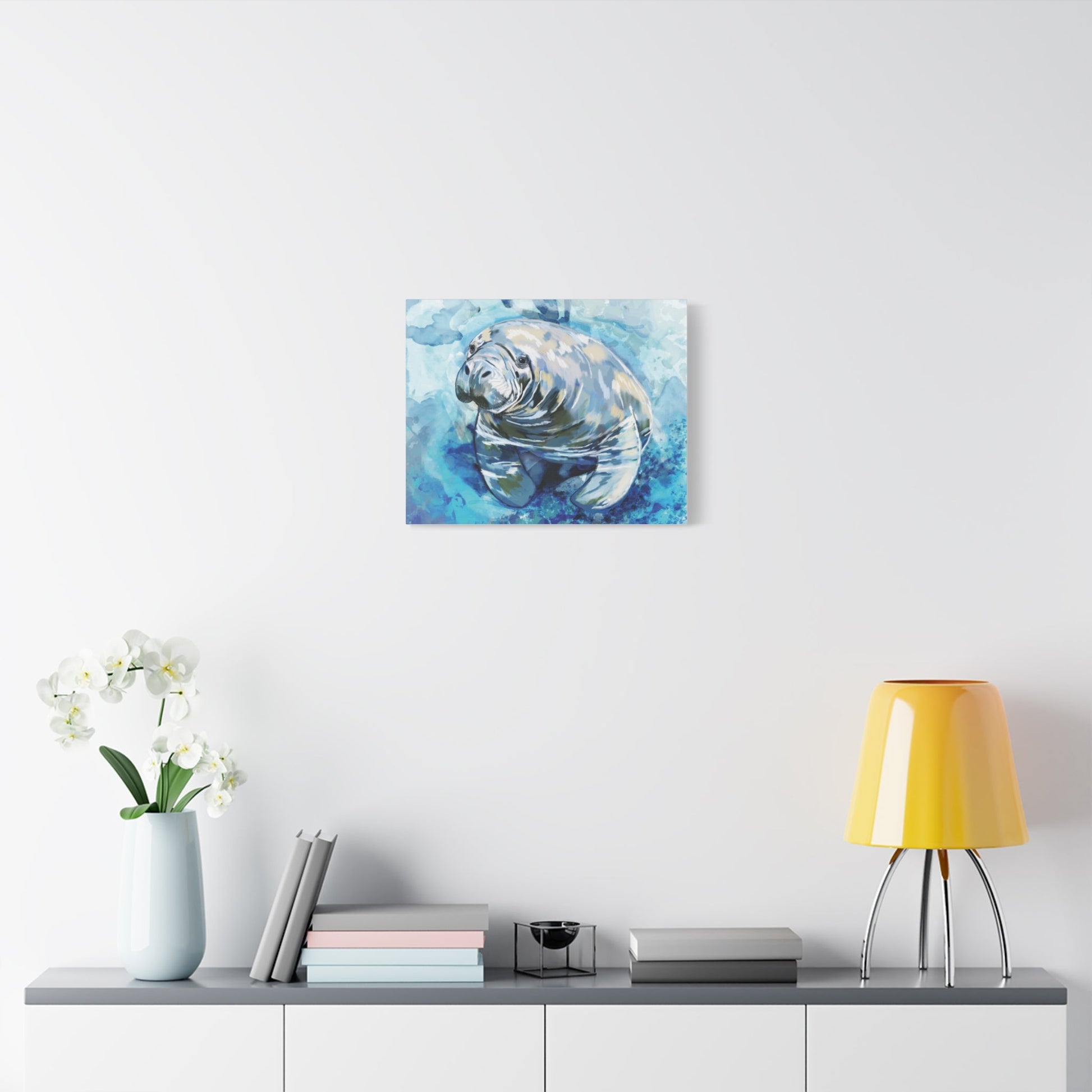 Watercolor Manatee Canvas Art - Beach House Decor - Blue Cava