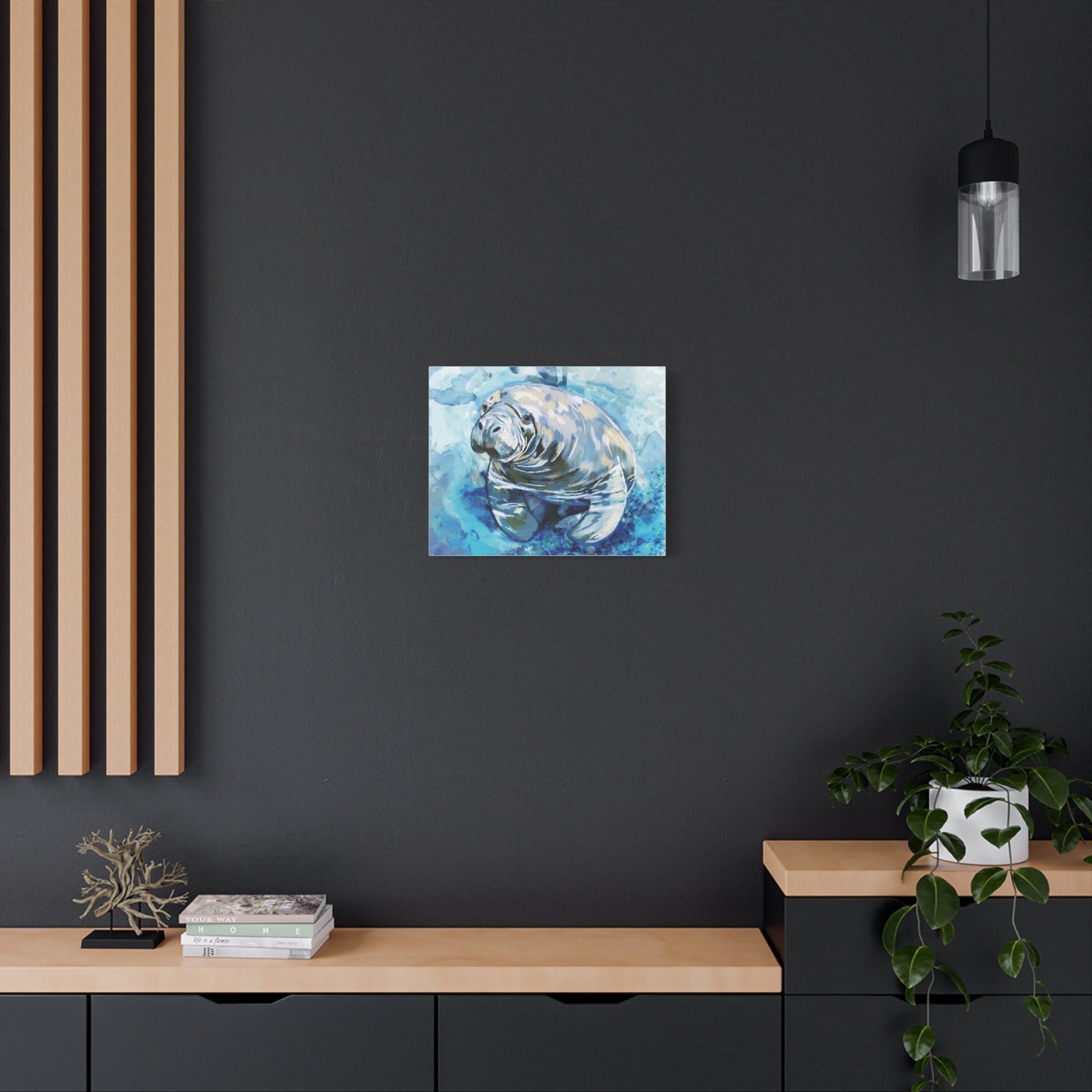 Watercolor Manatee Canvas Art - Beach House Decor - Blue Cava