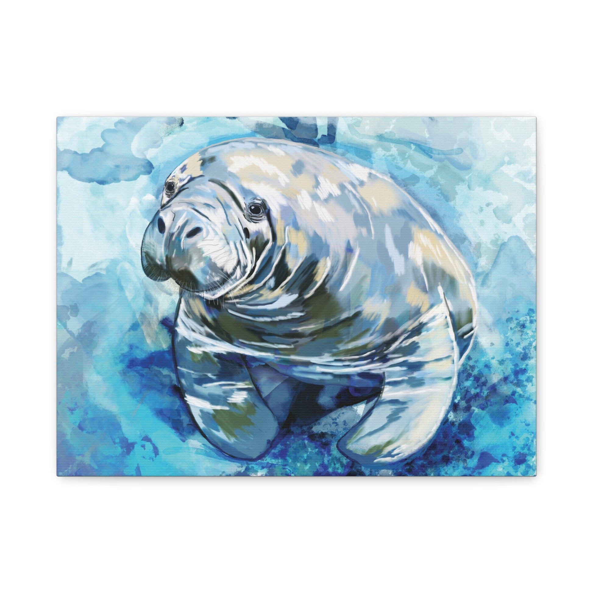 Watercolor Manatee Canvas Art - Beach House Decor - Blue Cava