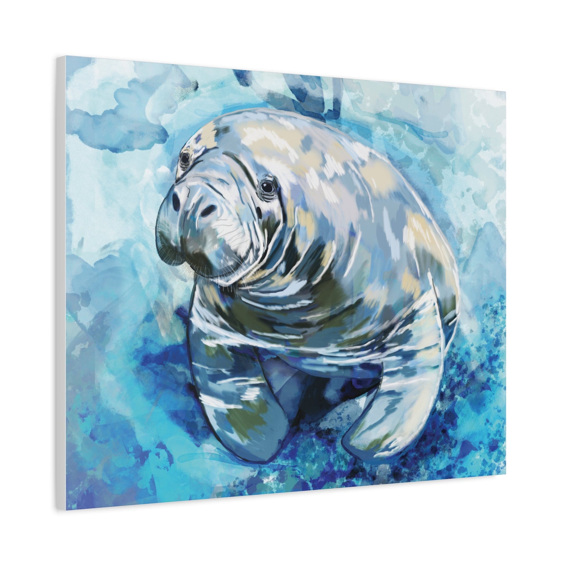 Watercolor Manatee Canvas Art - Beach House Decor - Blue Cava