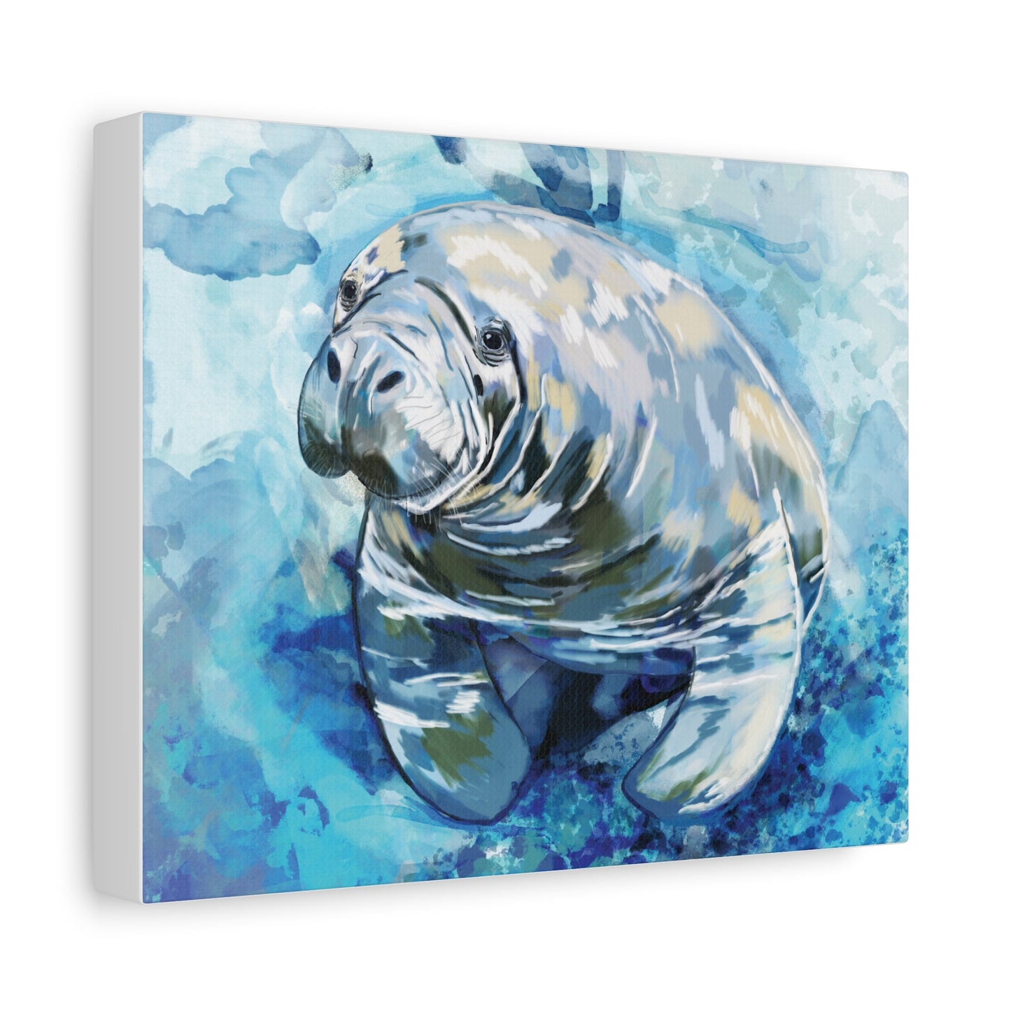 Watercolor Manatee Canvas Art - Beach House Decor - Blue Cava