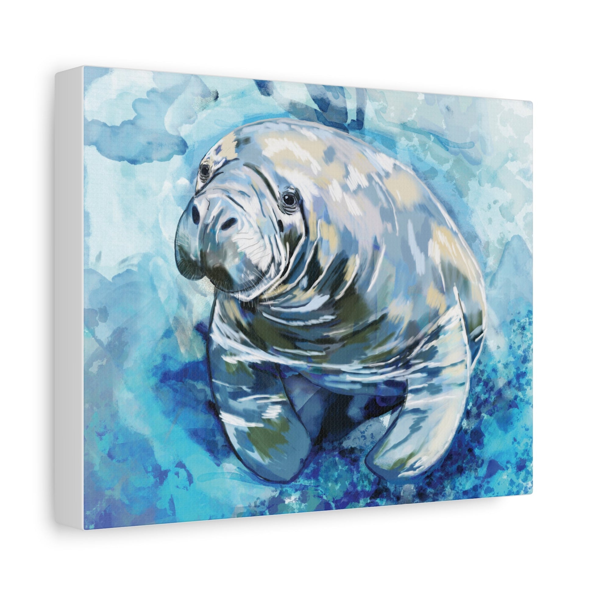 Watercolor Manatee Canvas Art - Beach House Decor - Blue Cava