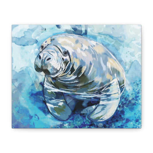 Watercolor Manatee Canvas Art - Beach House Decor - Blue Cava