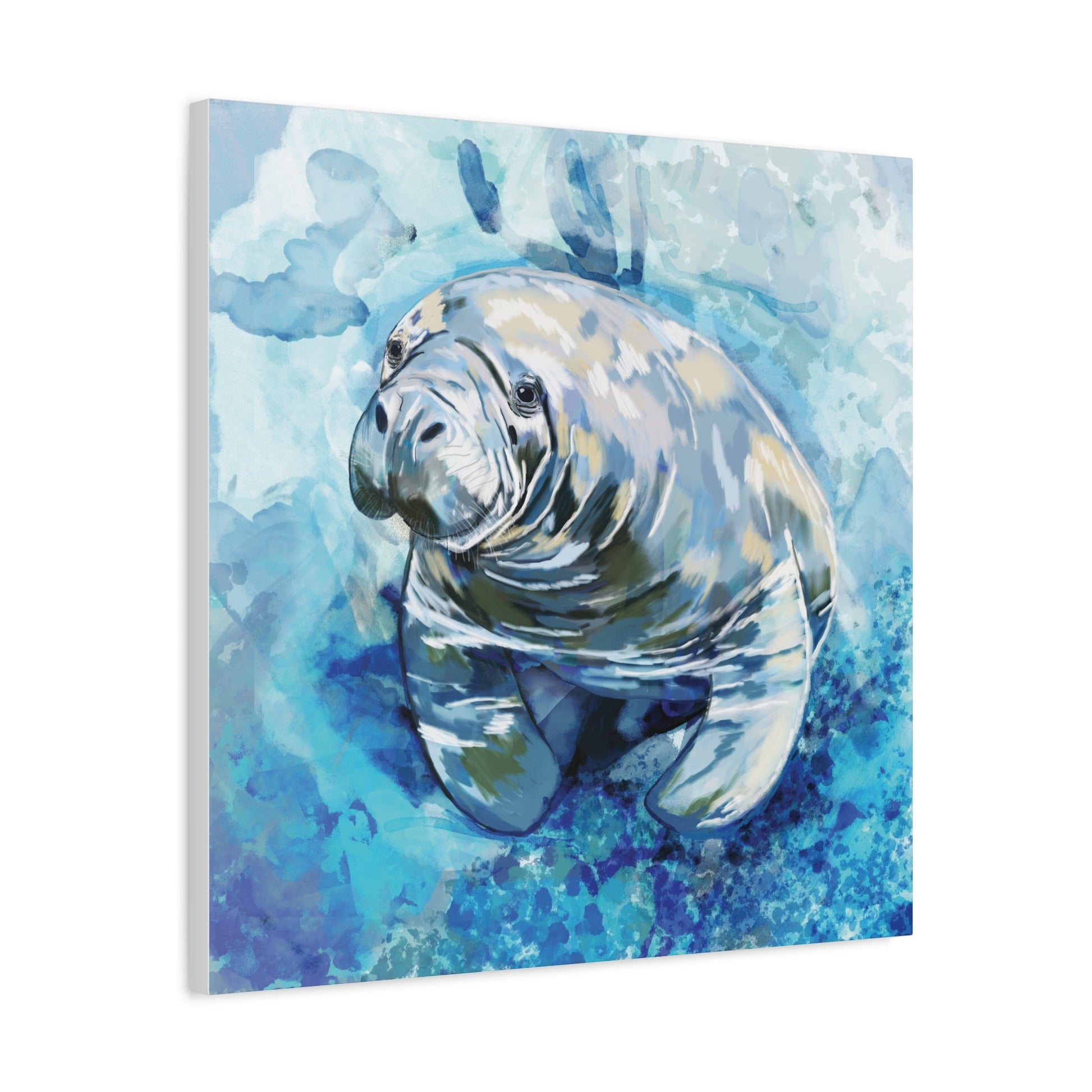 Watercolor Manatee Canvas Art - Beach House Decor - Blue Cava