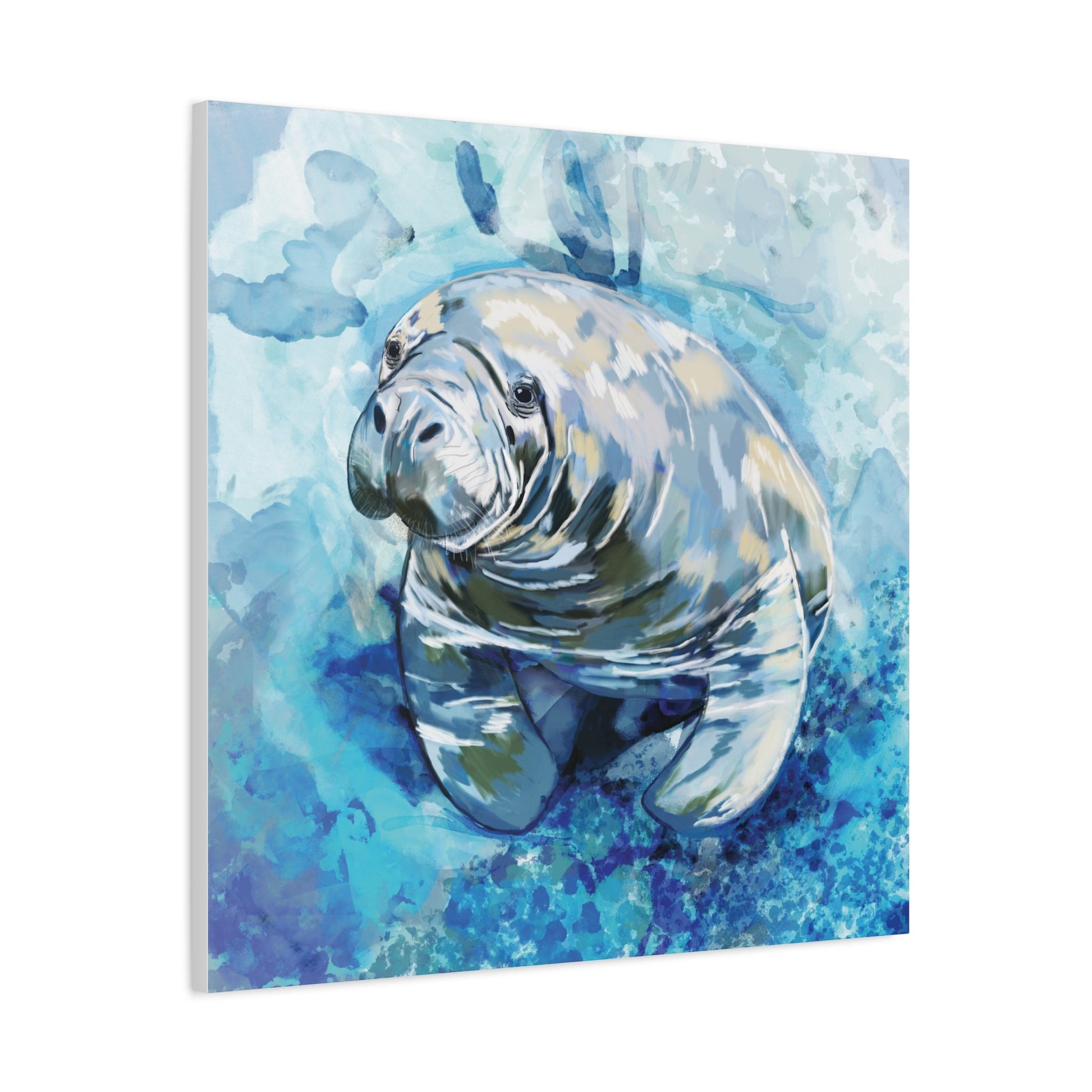 Watercolor Manatee Canvas Art - Beach House Decor - Blue Cava