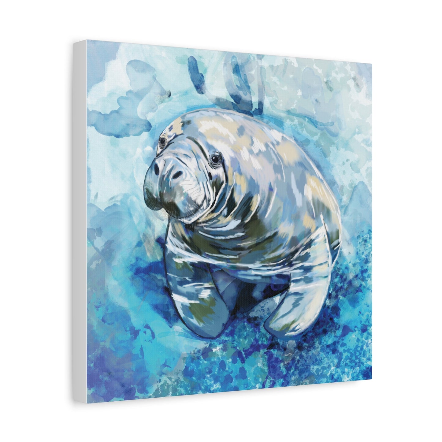 Watercolor Manatee Canvas Art - Beach House Decor - Blue Cava