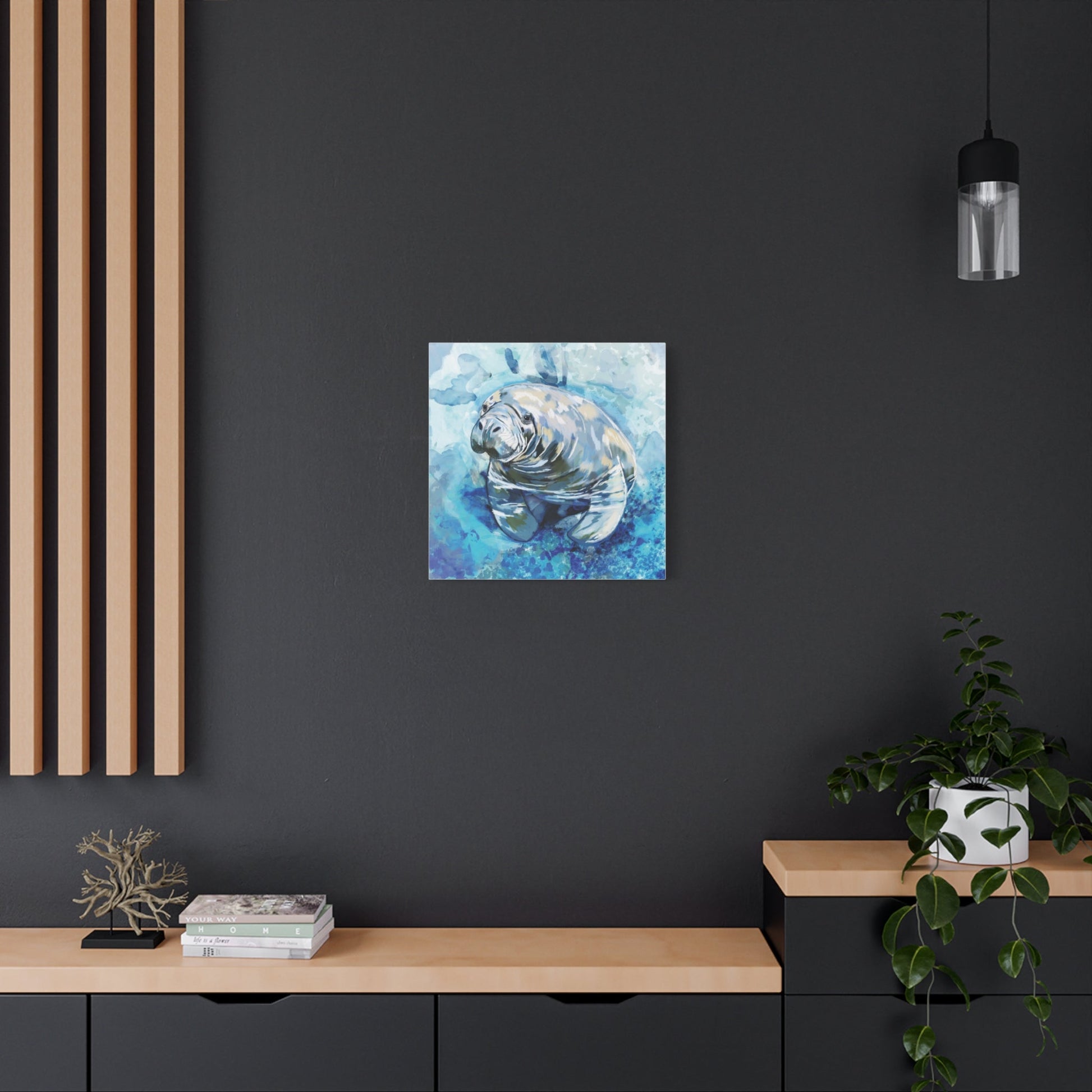 Watercolor Manatee Canvas Art - Beach House Decor - Blue Cava