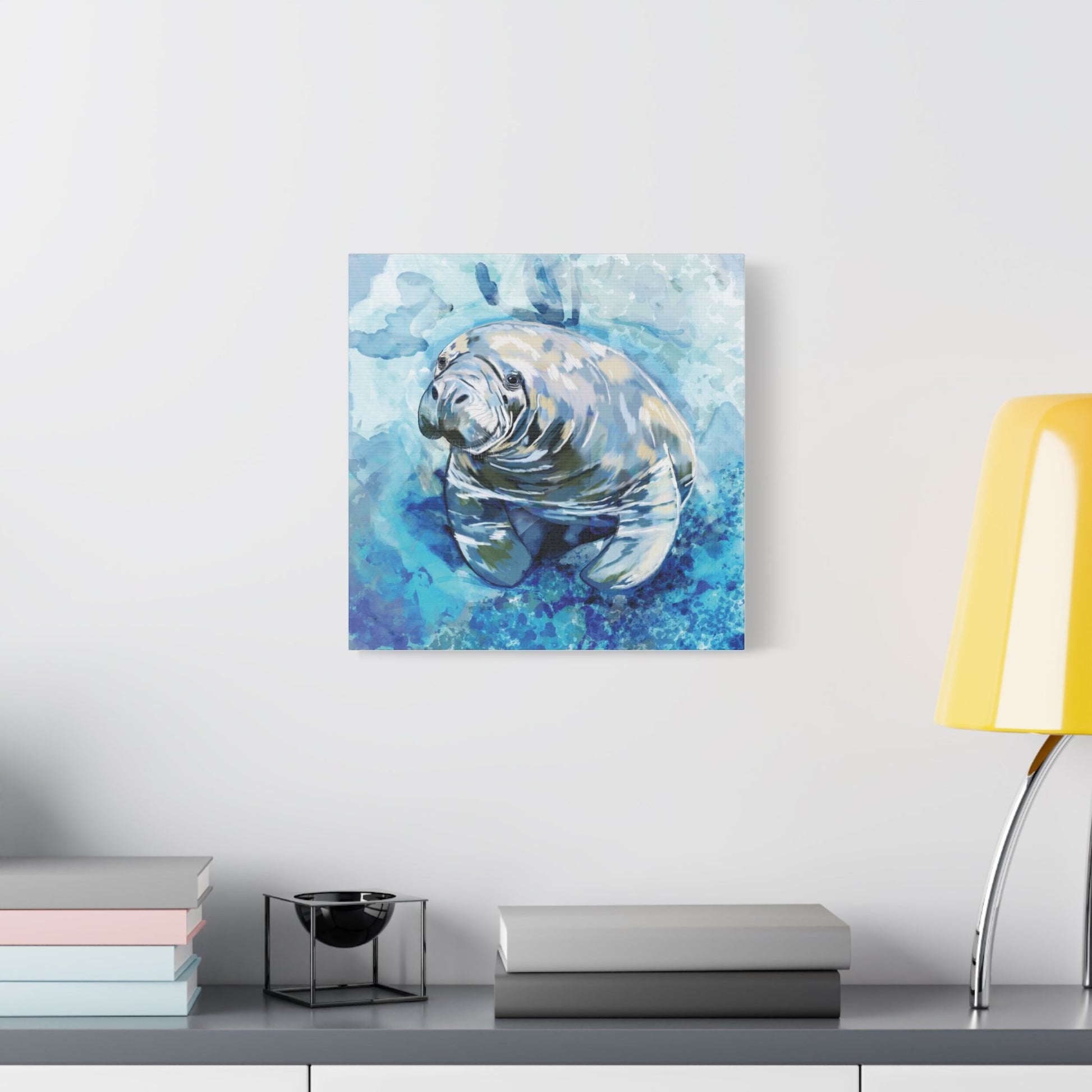 Watercolor Manatee Canvas Art - Beach House Decor - Blue Cava