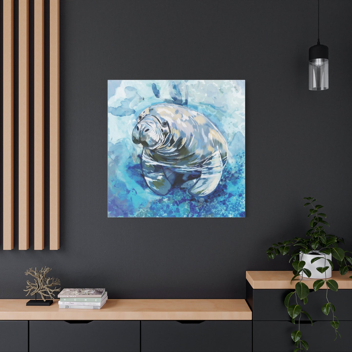 Watercolor Manatee Canvas Art - Beach House Decor - Blue Cava