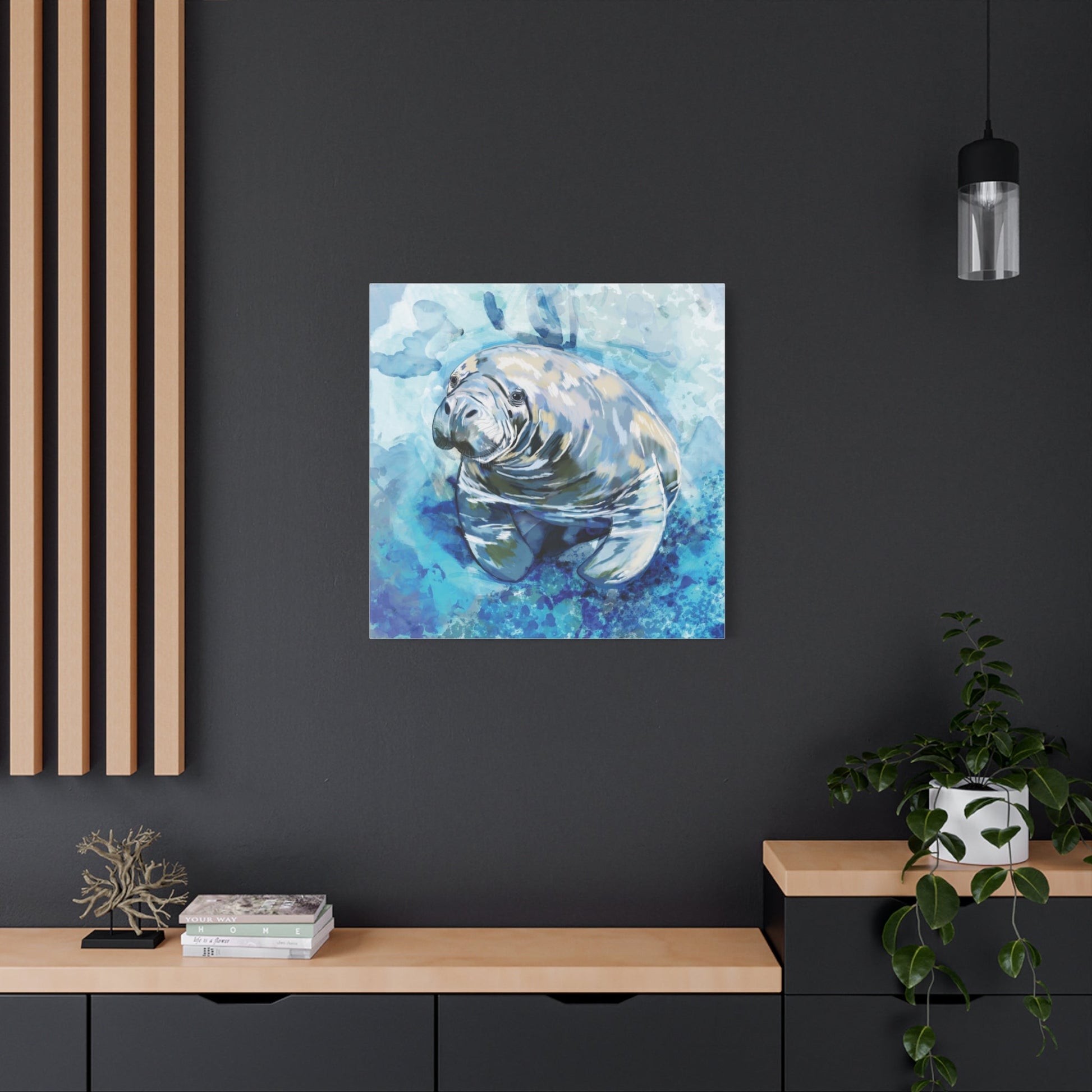 Watercolor Manatee Canvas Art - Beach House Decor - Blue Cava