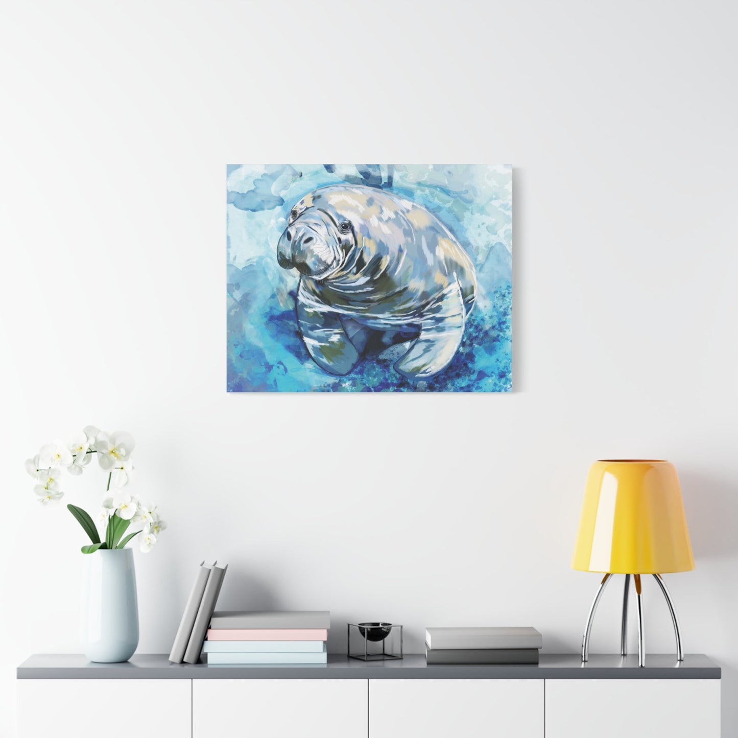 Watercolor Manatee Canvas Art - Beach House Decor - Blue Cava