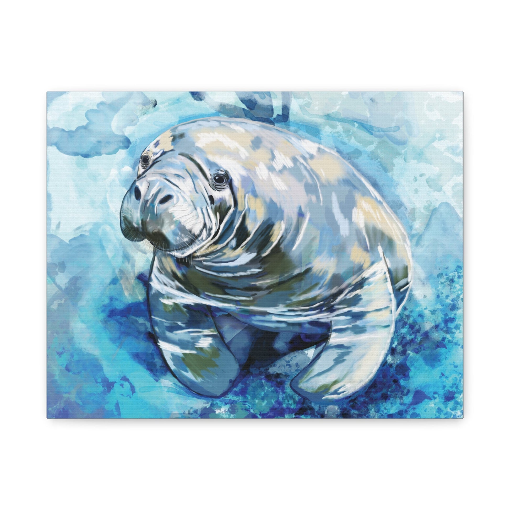 Watercolor Manatee Canvas Art - Beach House Decor - Blue Cava