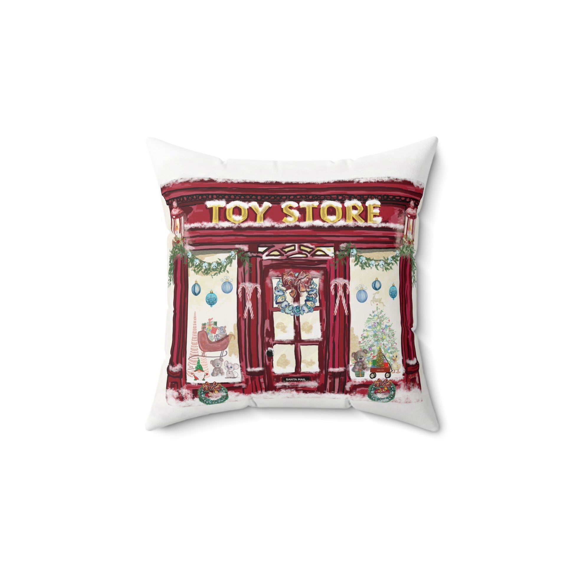 Whimsical Christmas Toy Store Throw Pillow - Multiple Sizes - Blue Cava