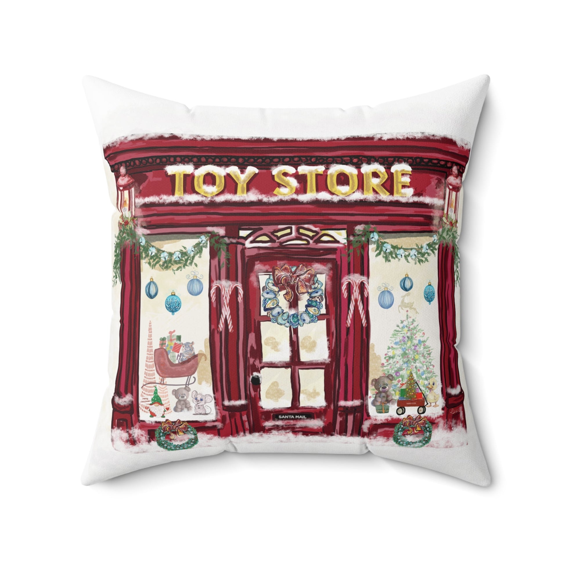 Whimsical Christmas Toy Store Throw Pillow - Multiple Sizes - Blue Cava