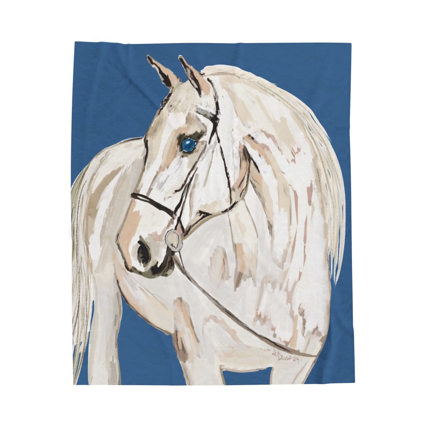 White Horse Velveteen Plush Blankets - Equine - Blue Cava