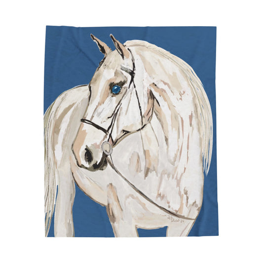 White Horse Velveteen Plush Blankets - Equine - Blue Cava