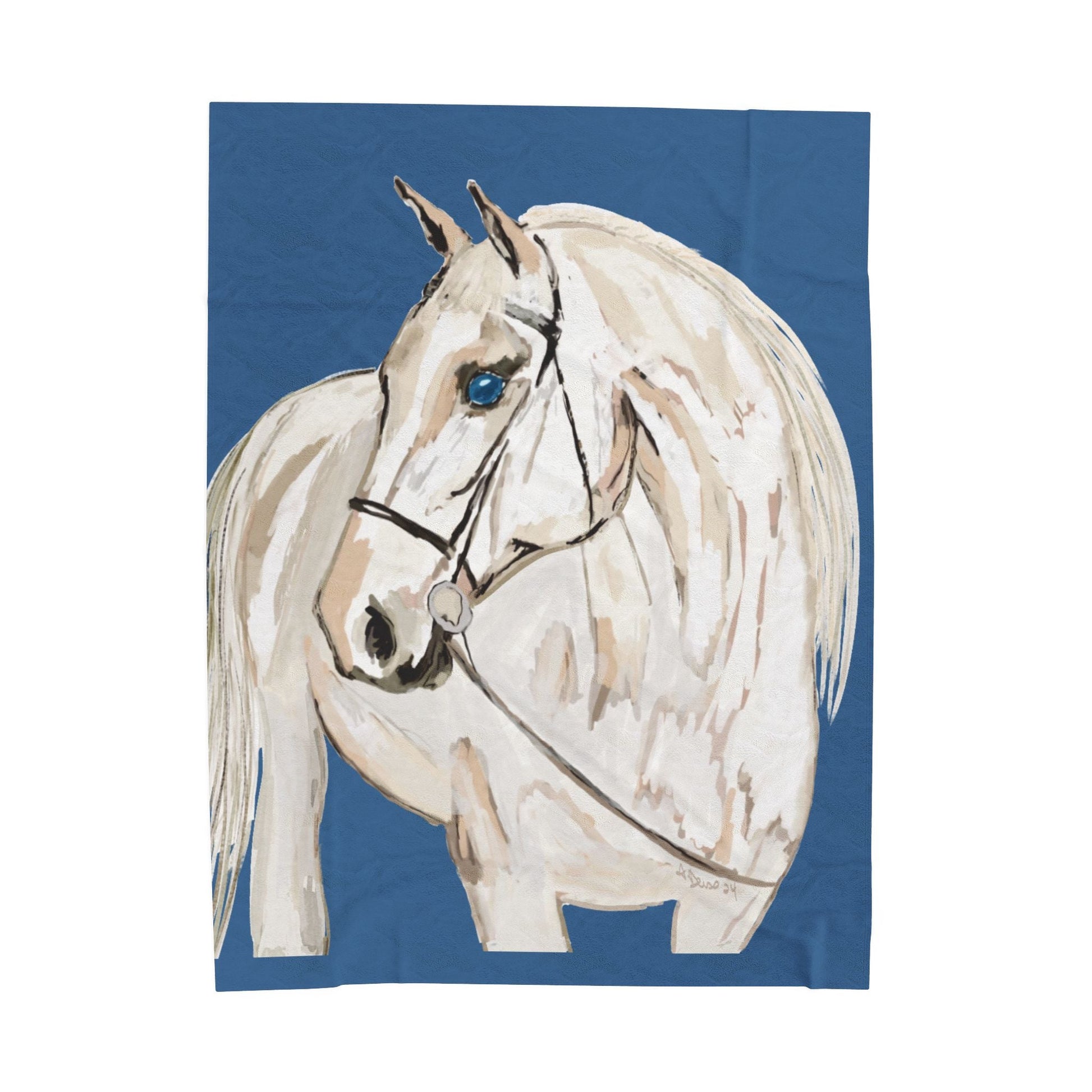 White Horse Velveteen Plush Blankets - Equine - Blue Cava