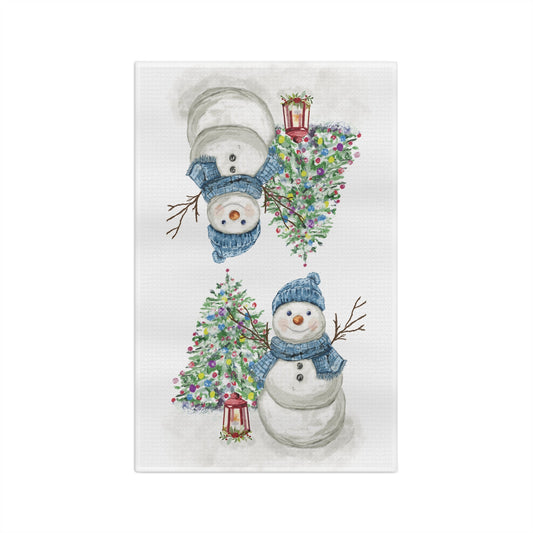 Winter Wonderland Snowman Microfiber Waffle Towel, Holiday Kitchen Decor - Blue Cava