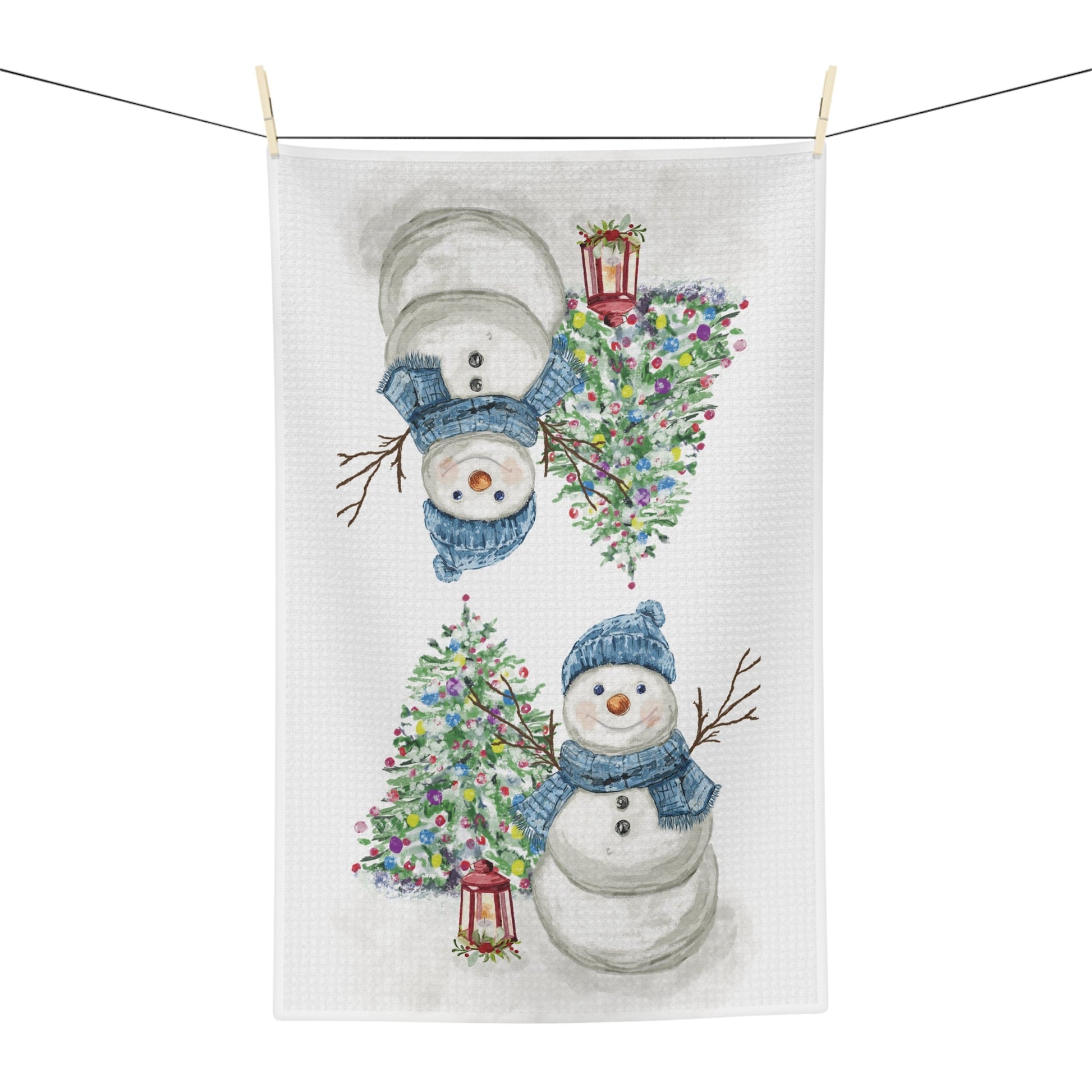 Winter Wonderland Snowman Microfiber Waffle Towel, Holiday Kitchen Decor - Blue Cava