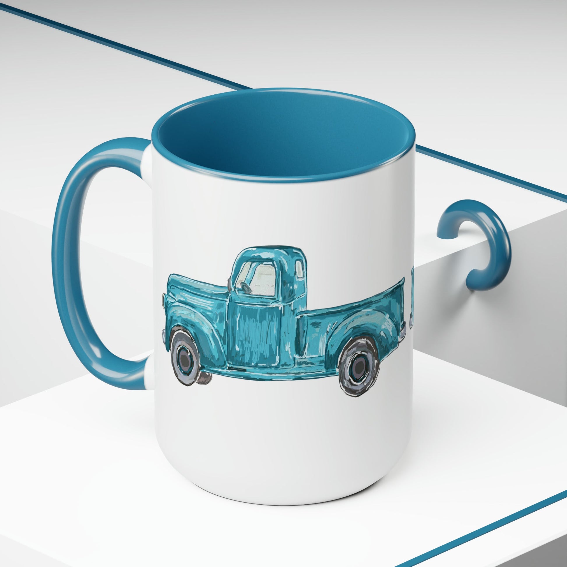 Antique Truck Two-Tone Coffee Mugs, 15oz - Blue Cava