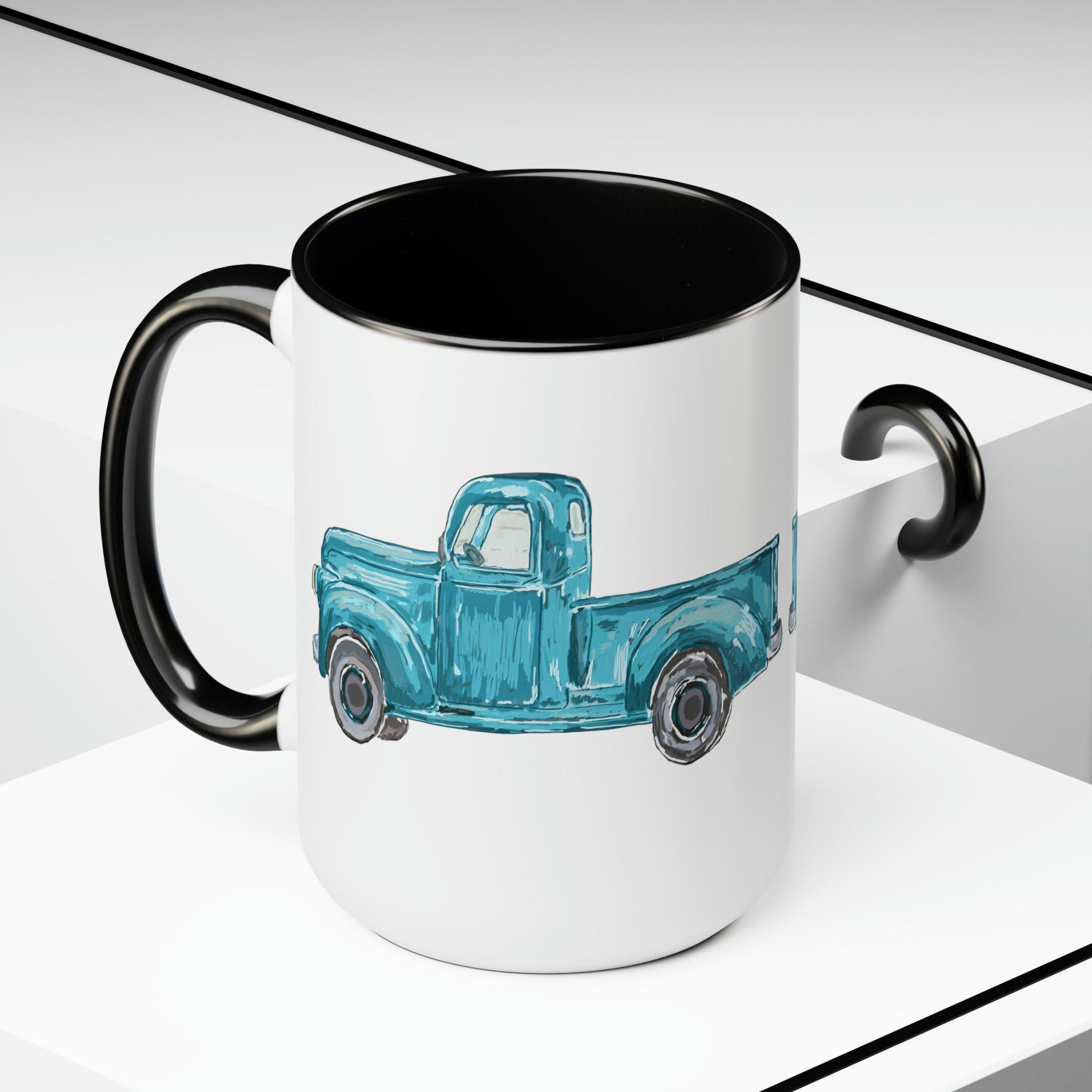 Antique Truck Two-Tone Coffee Mugs, 15oz - Blue Cava
