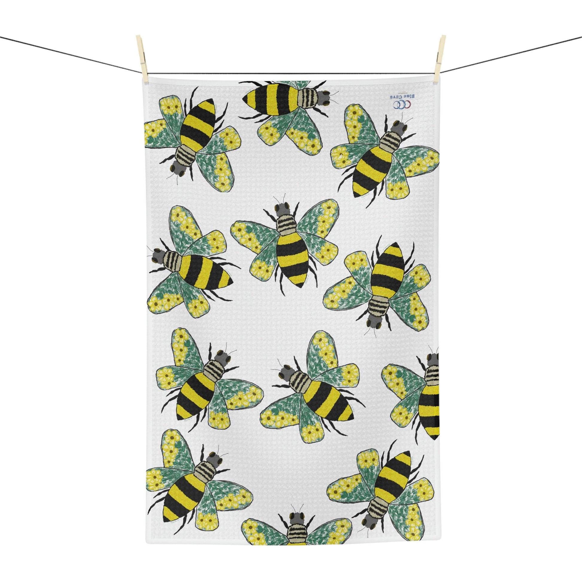 Bee Flowers Microfiber Waffle Towel - Blue Cava