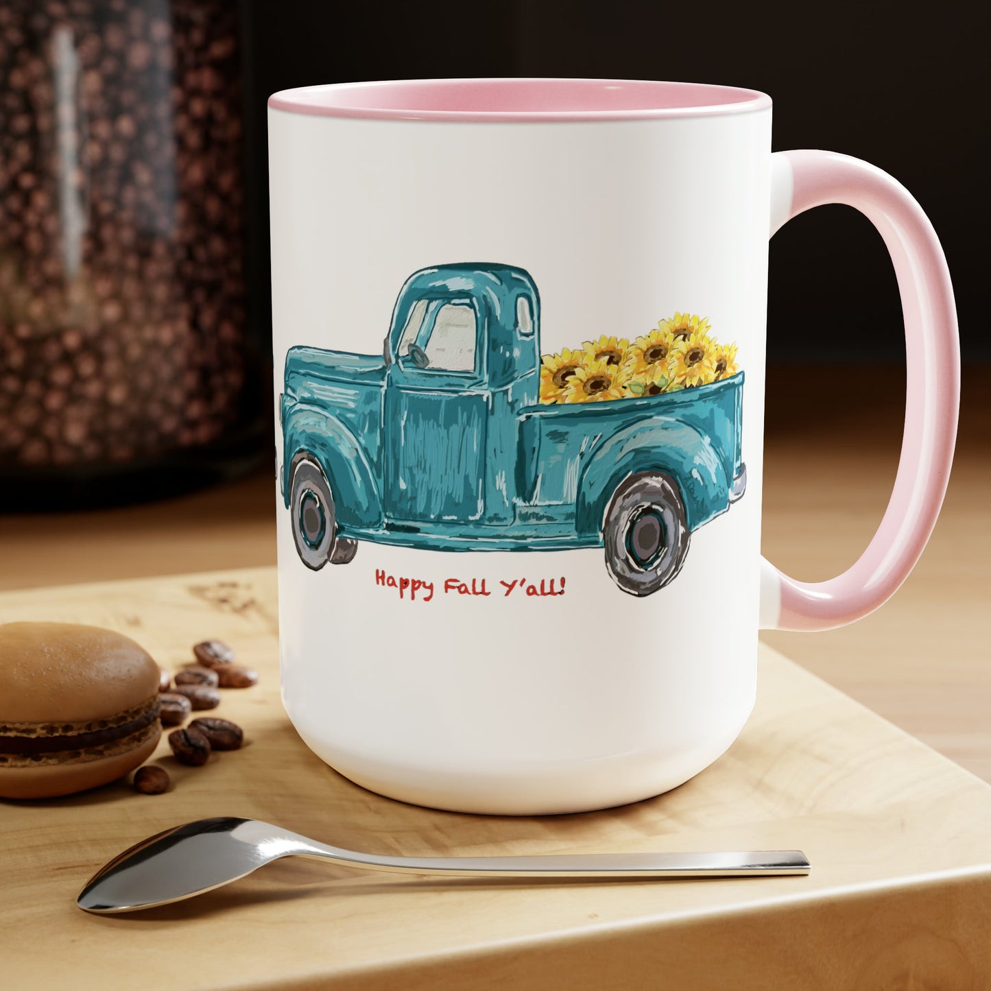 Fall Sunflower Truck Two-Tone Coffee Mugs, 15oz - Blue Cava