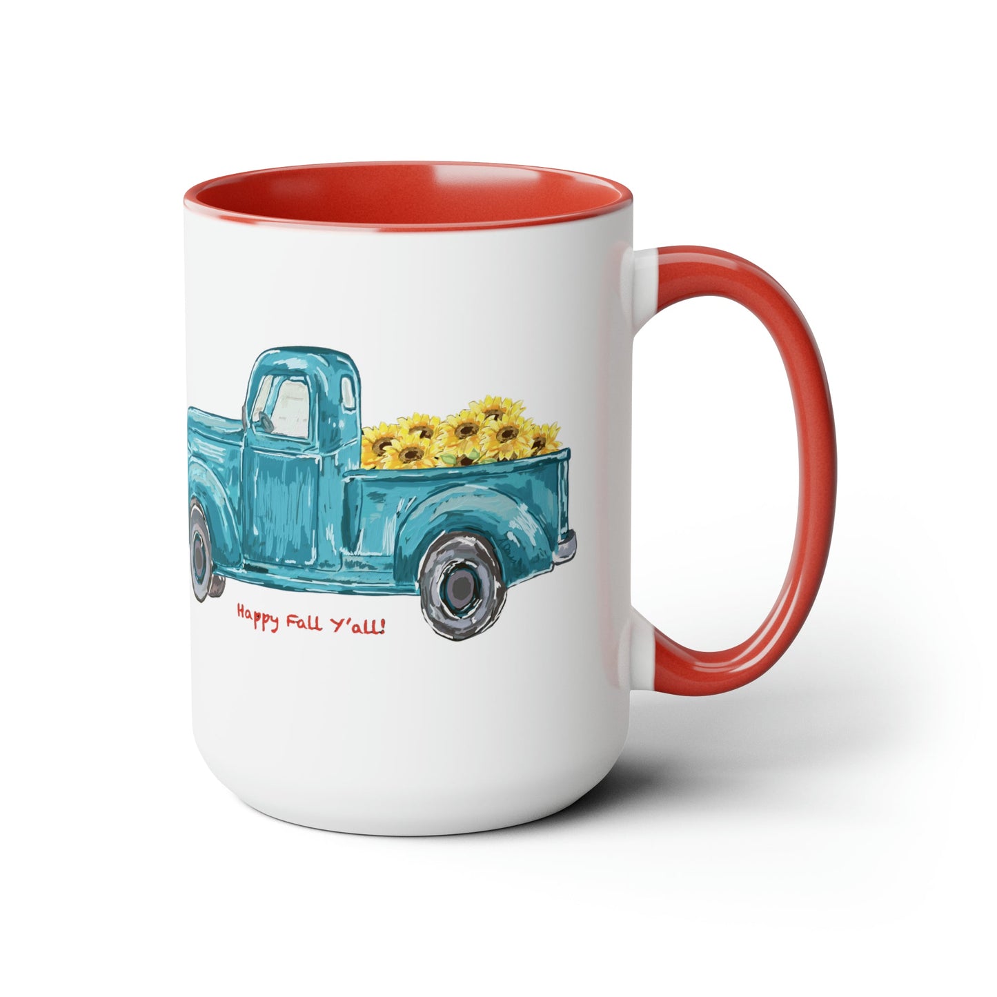 Fall Sunflower Truck Two-Tone Coffee Mugs, 15oz - Blue Cava