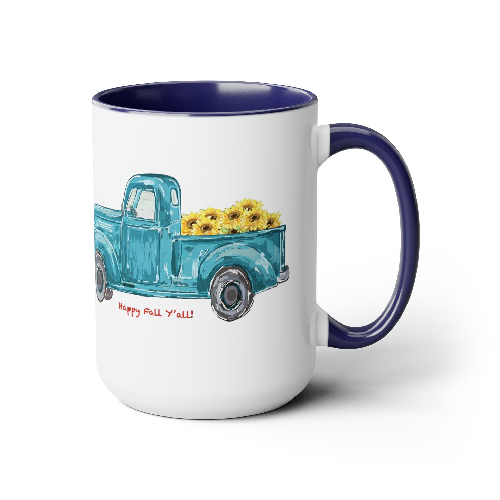Fall Sunflower Truck Two-Tone Coffee Mugs, 15oz - Blue Cava