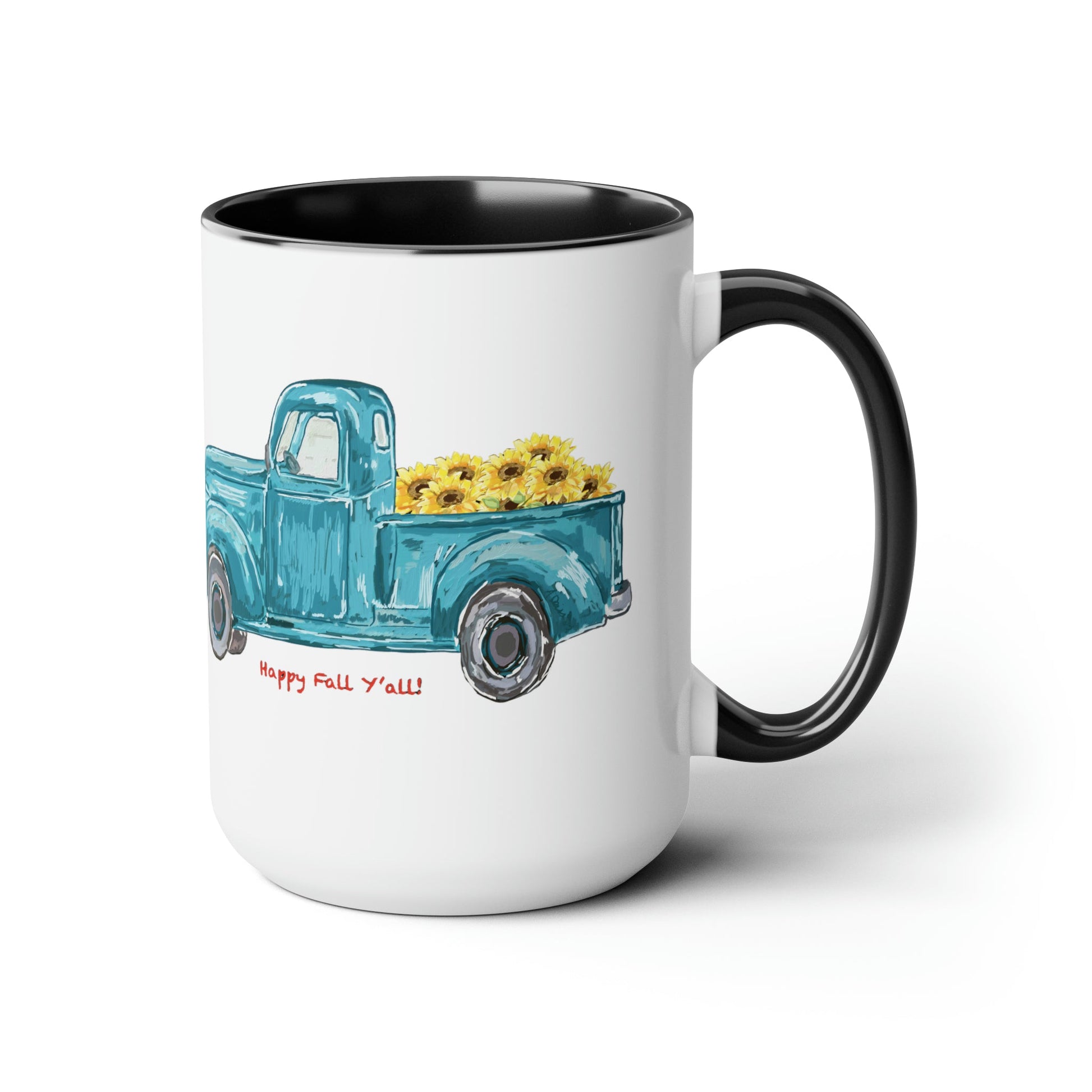 Fall Sunflower Truck Two-Tone Coffee Mugs, 15oz - Blue Cava
