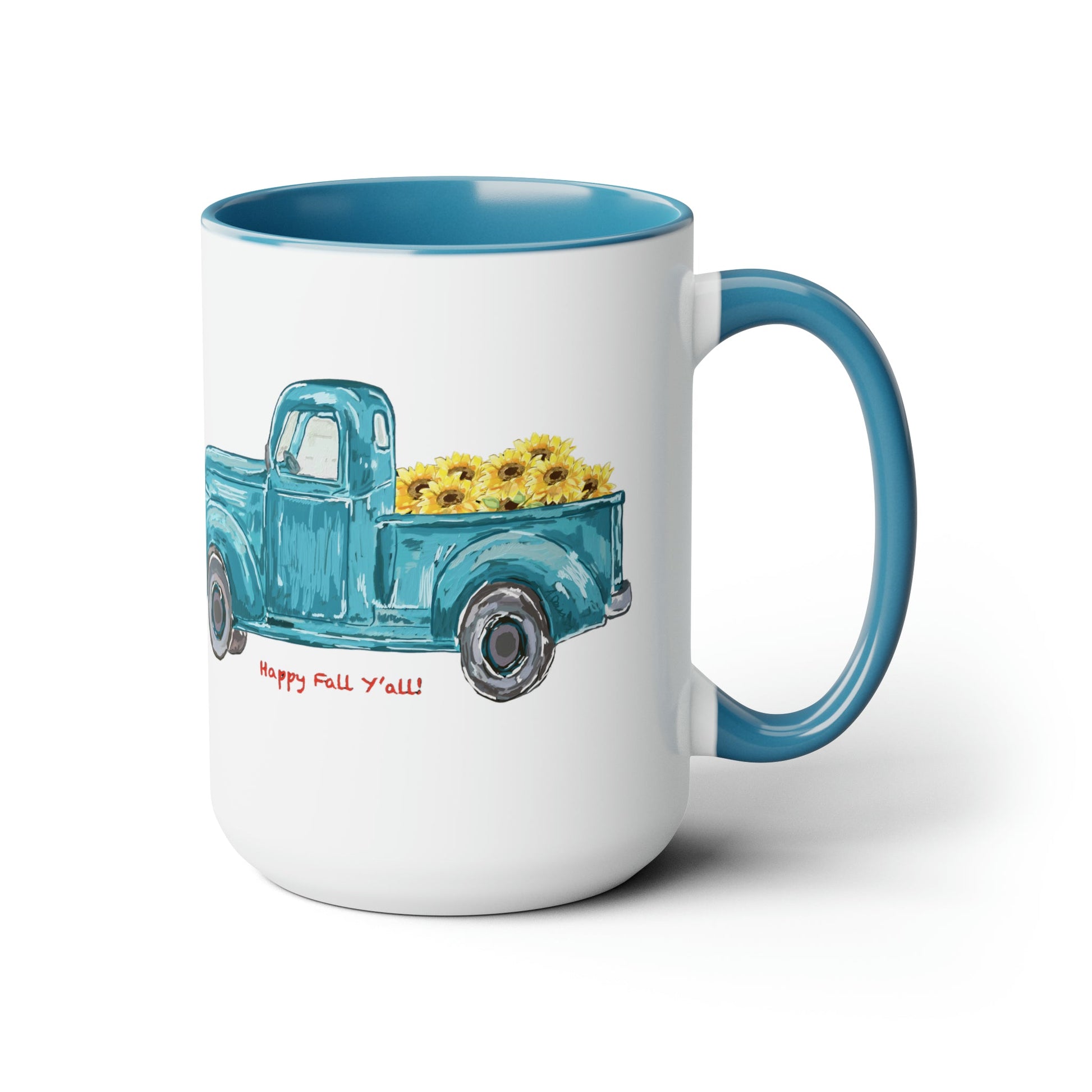 Fall Sunflower Truck Two-Tone Coffee Mugs, 15oz - Blue Cava
