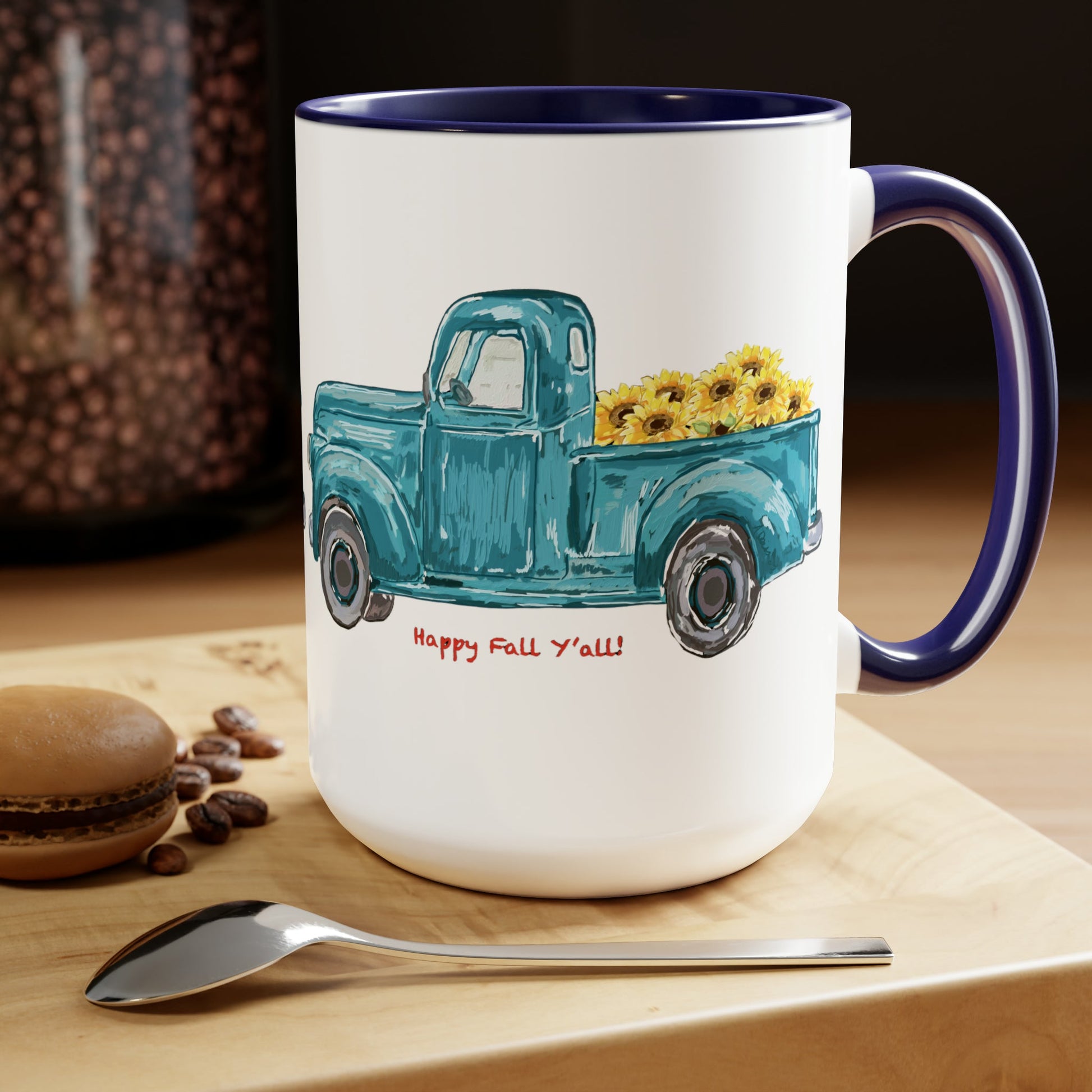 Fall Sunflower Truck Two-Tone Coffee Mugs, 15oz - Blue Cava