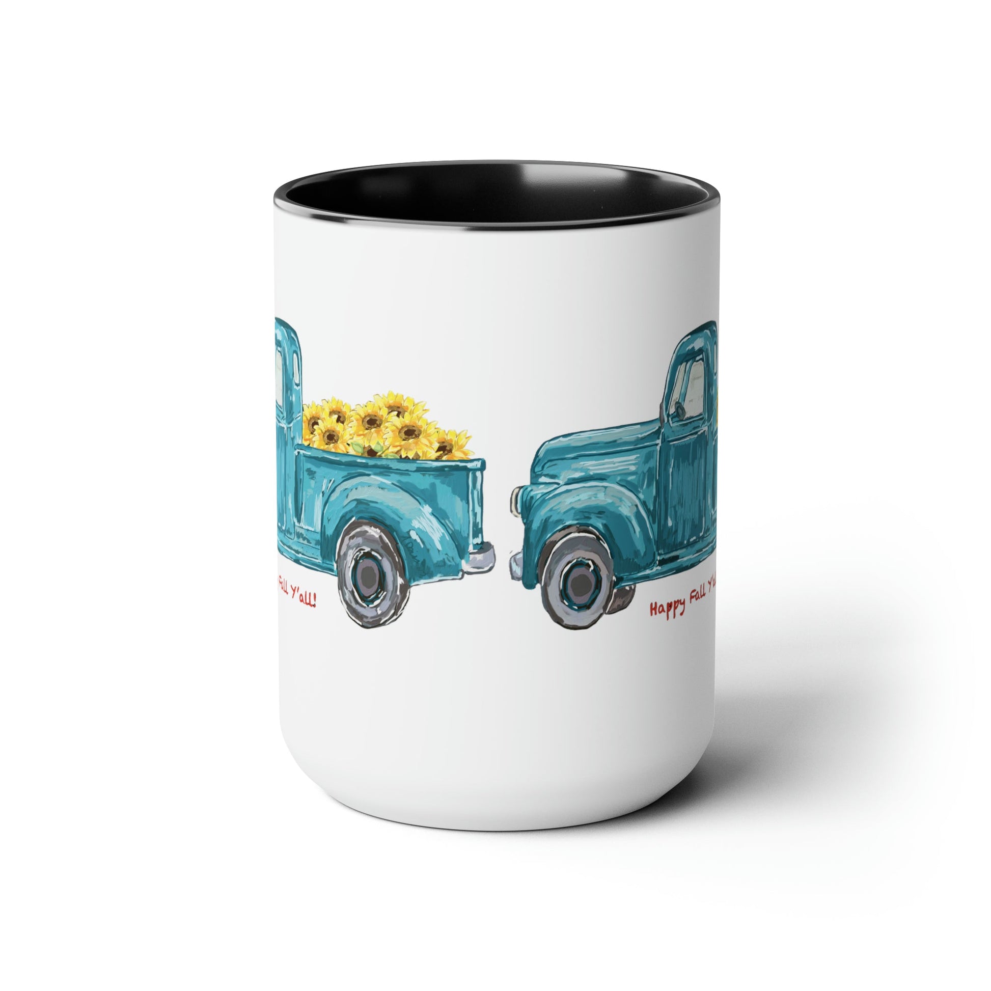 Fall Sunflower Truck Two-Tone Coffee Mugs, 15oz - Blue Cava