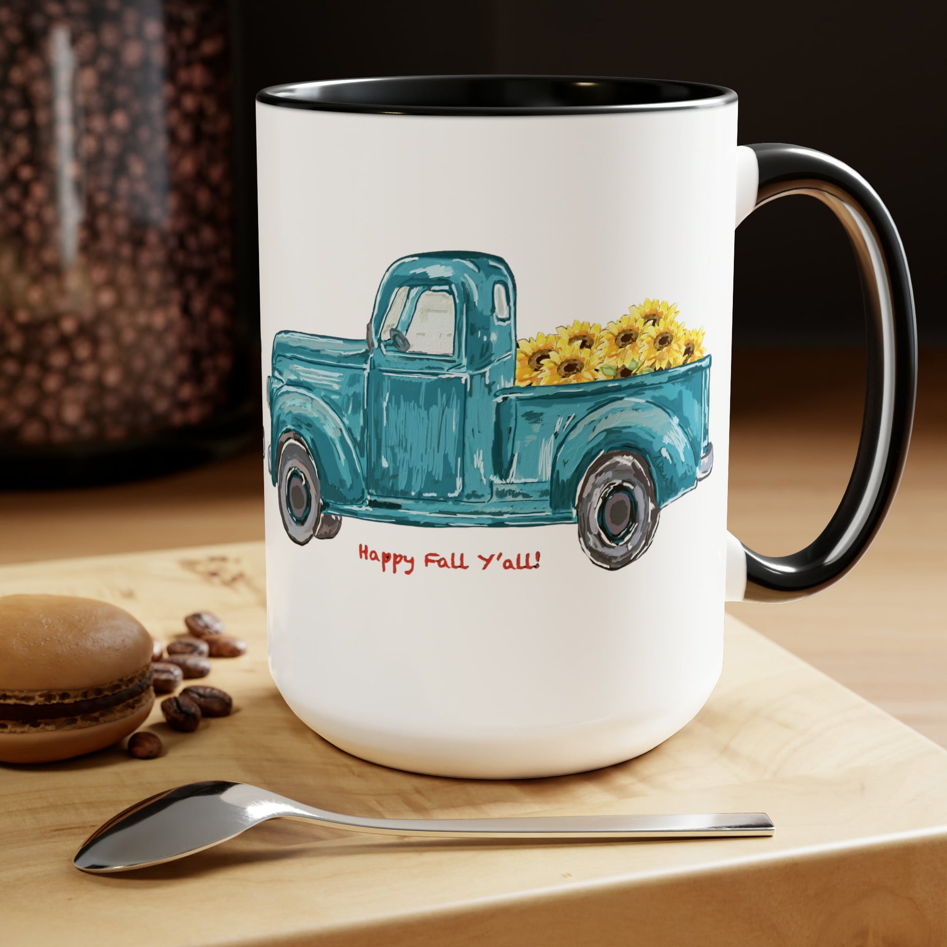 Fall Sunflower Truck Two-Tone Coffee Mugs, 15oz - Blue Cava