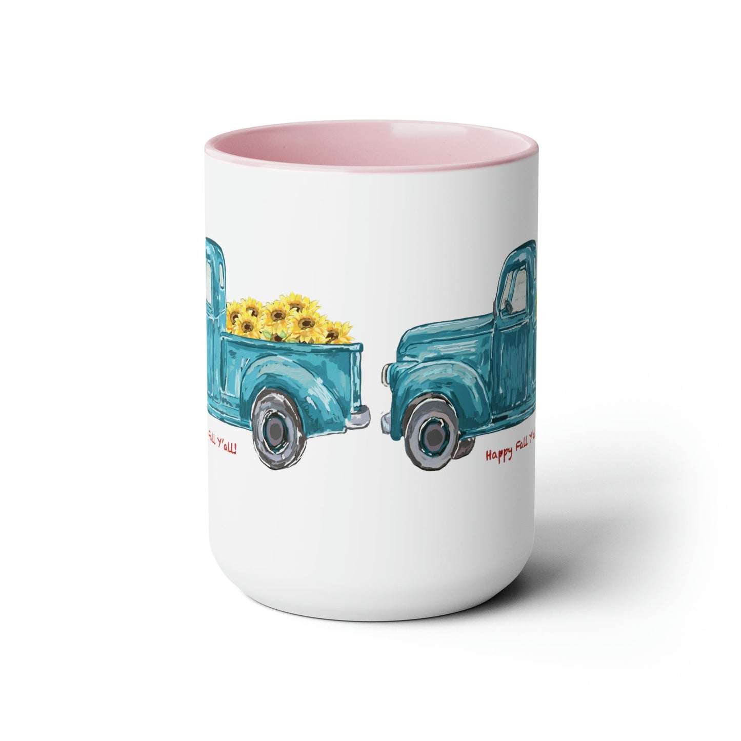 Fall Sunflower Truck Two-Tone Coffee Mugs, 15oz - Blue Cava