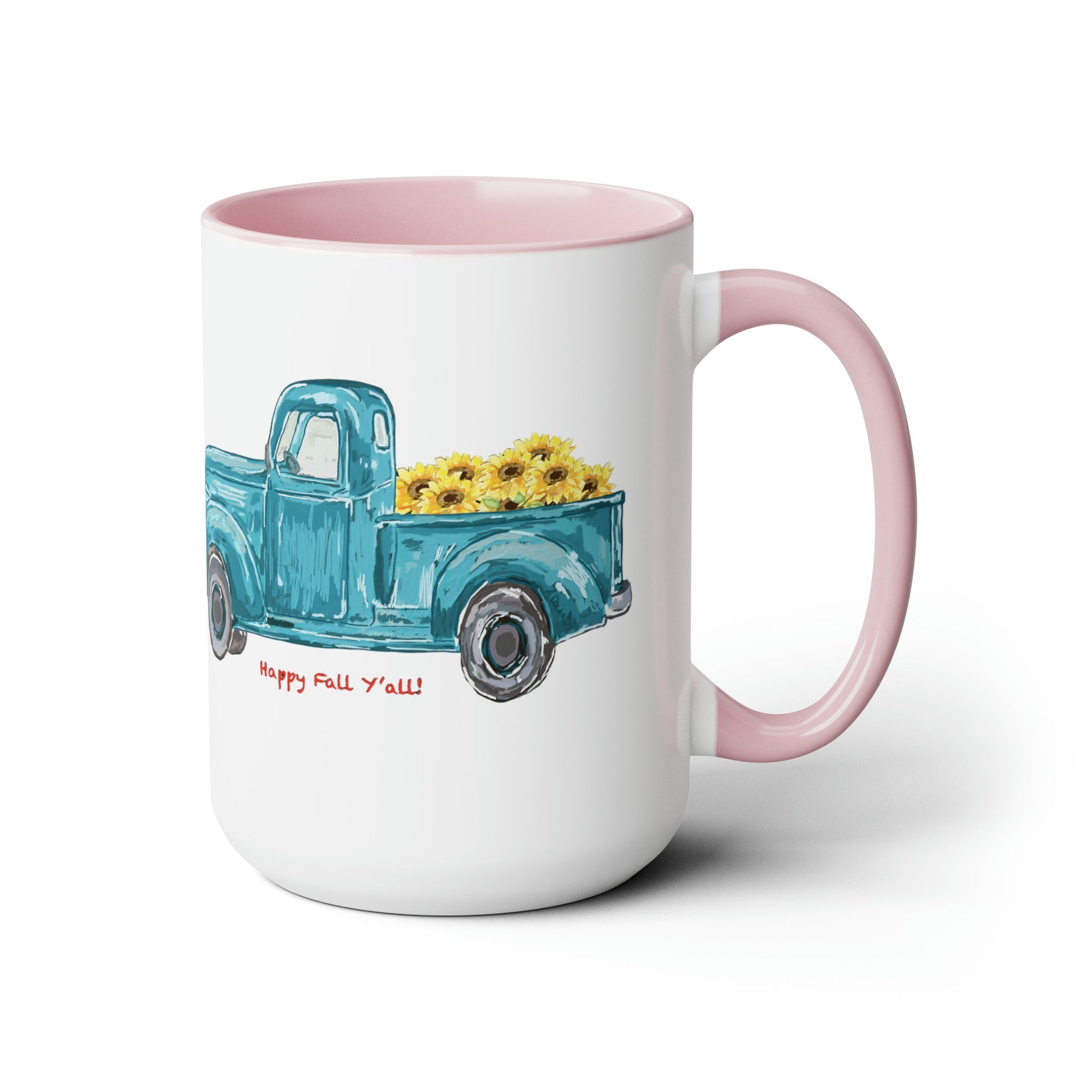 Fall Sunflower Truck Two-Tone Coffee Mugs, 15oz - Blue Cava