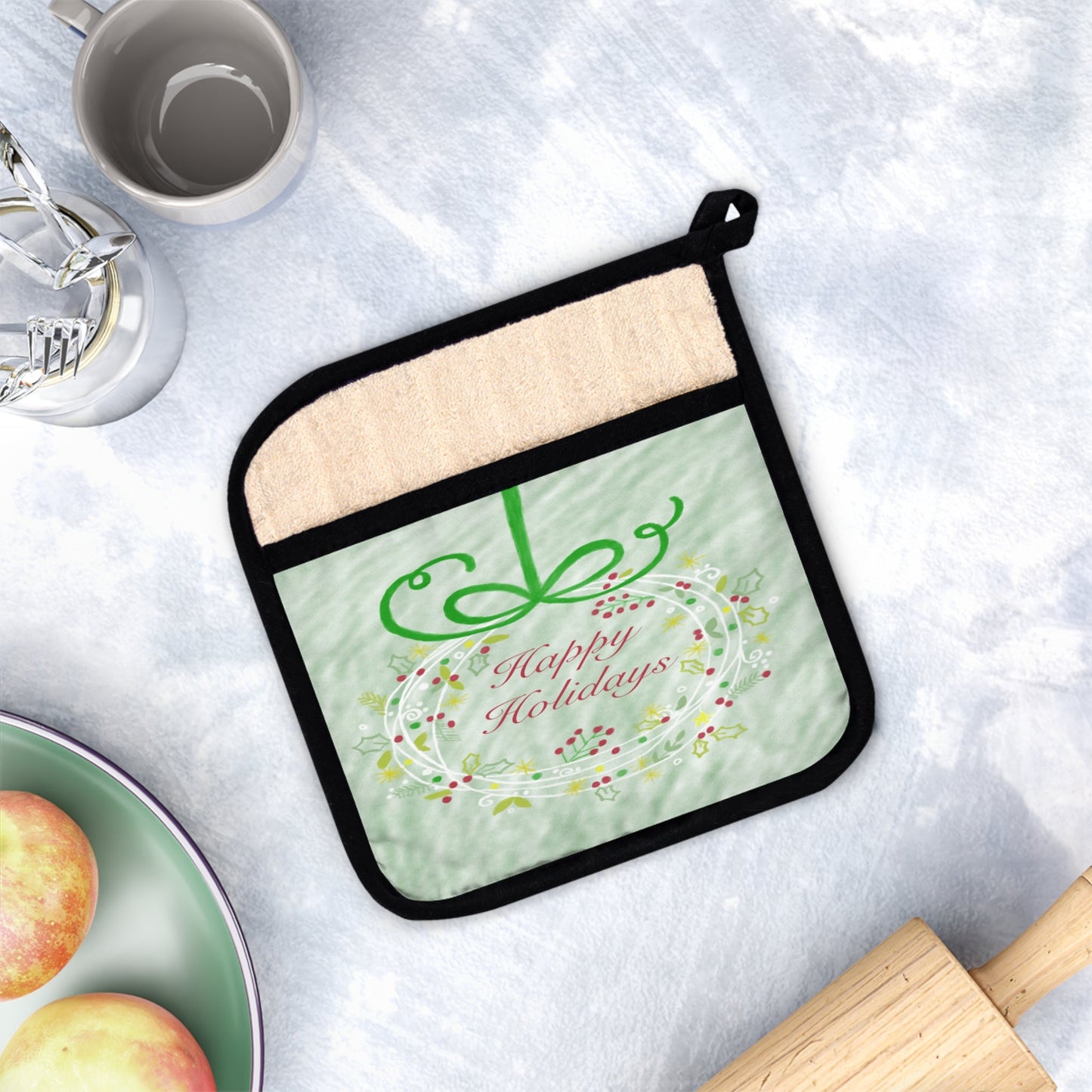 Happy Holidays Pot Holder with Pocket - Blue Cava