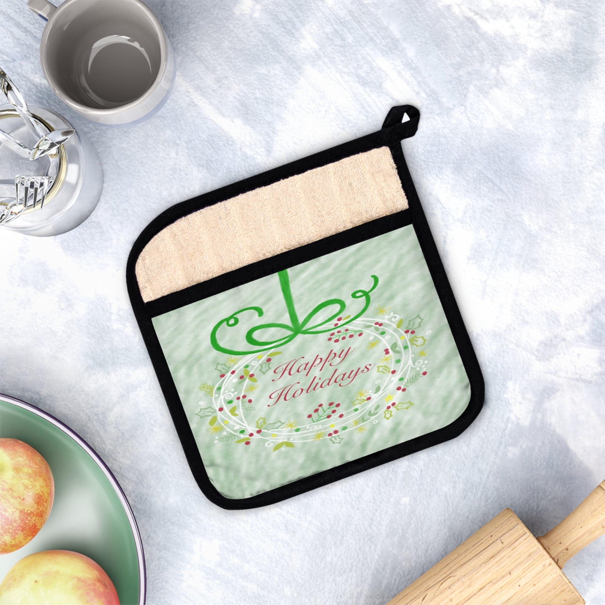Happy Holidays Pot Holder with Pocket - Blue Cava
