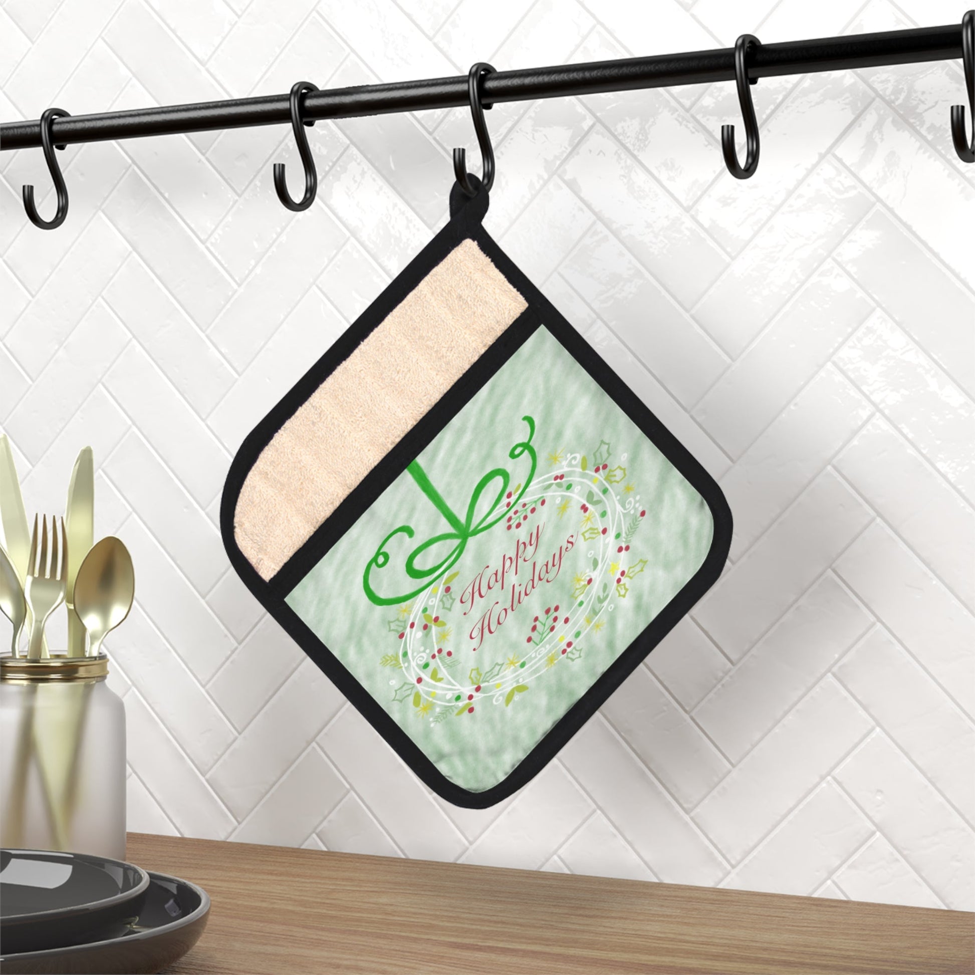 Happy Holidays Pot Holder with Pocket - Blue Cava